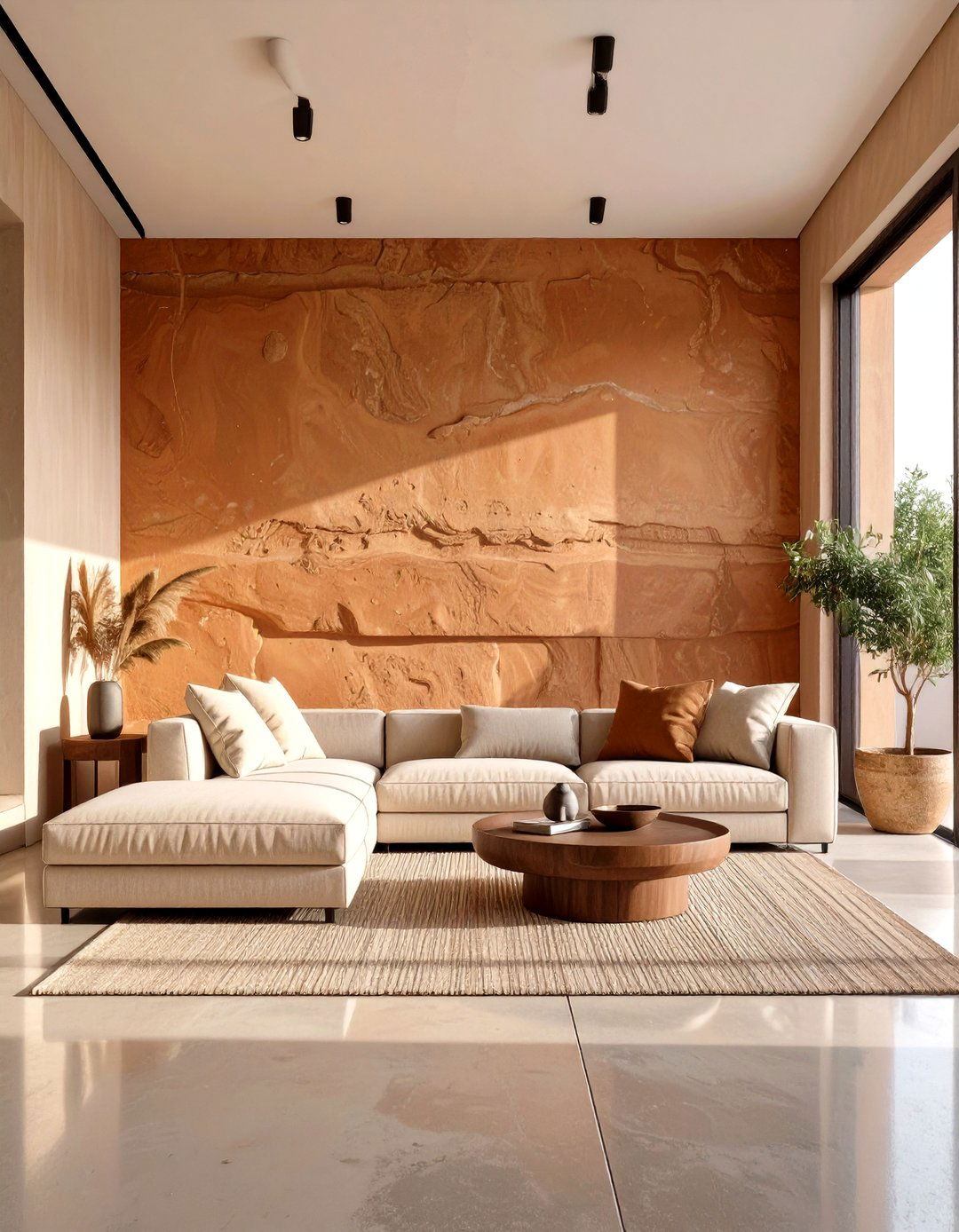 A Rammed Earth Feature Wall Living Room - 30 interior design with sustainable materials ideas