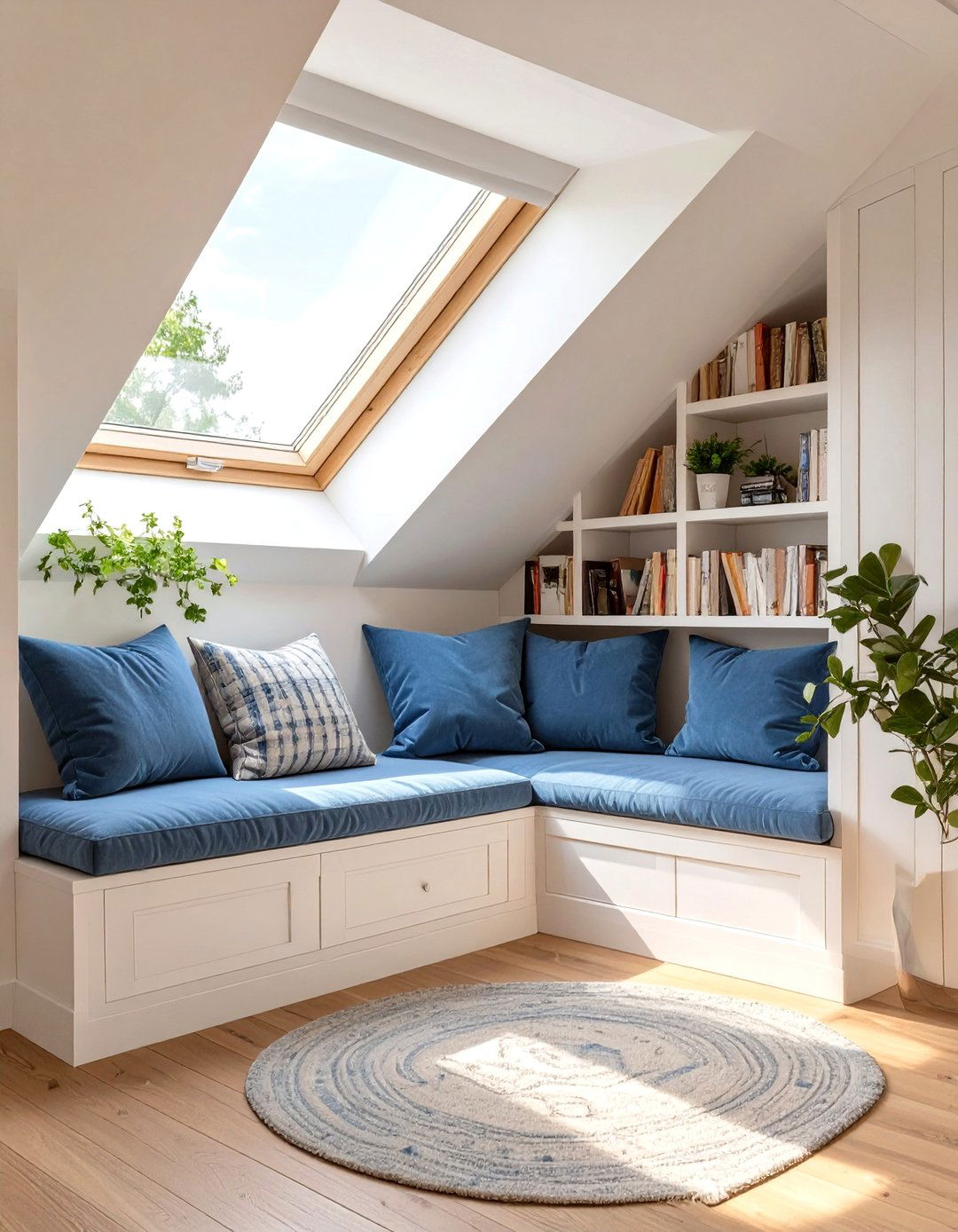 A Reading Nook with a Built In Bench - 30 slanted ceiling low ceiling attic bedroom ideas