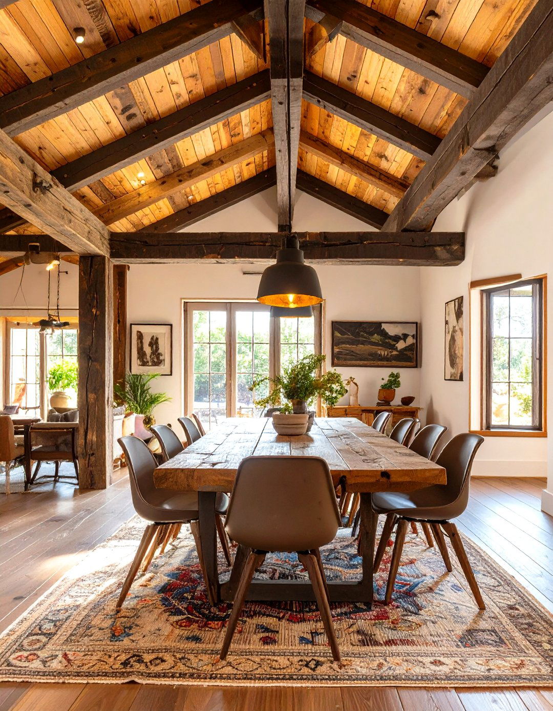 A Reclaimed Timber Ceiling Beam Dining Area - 30 interior design with sustainable materials ideas