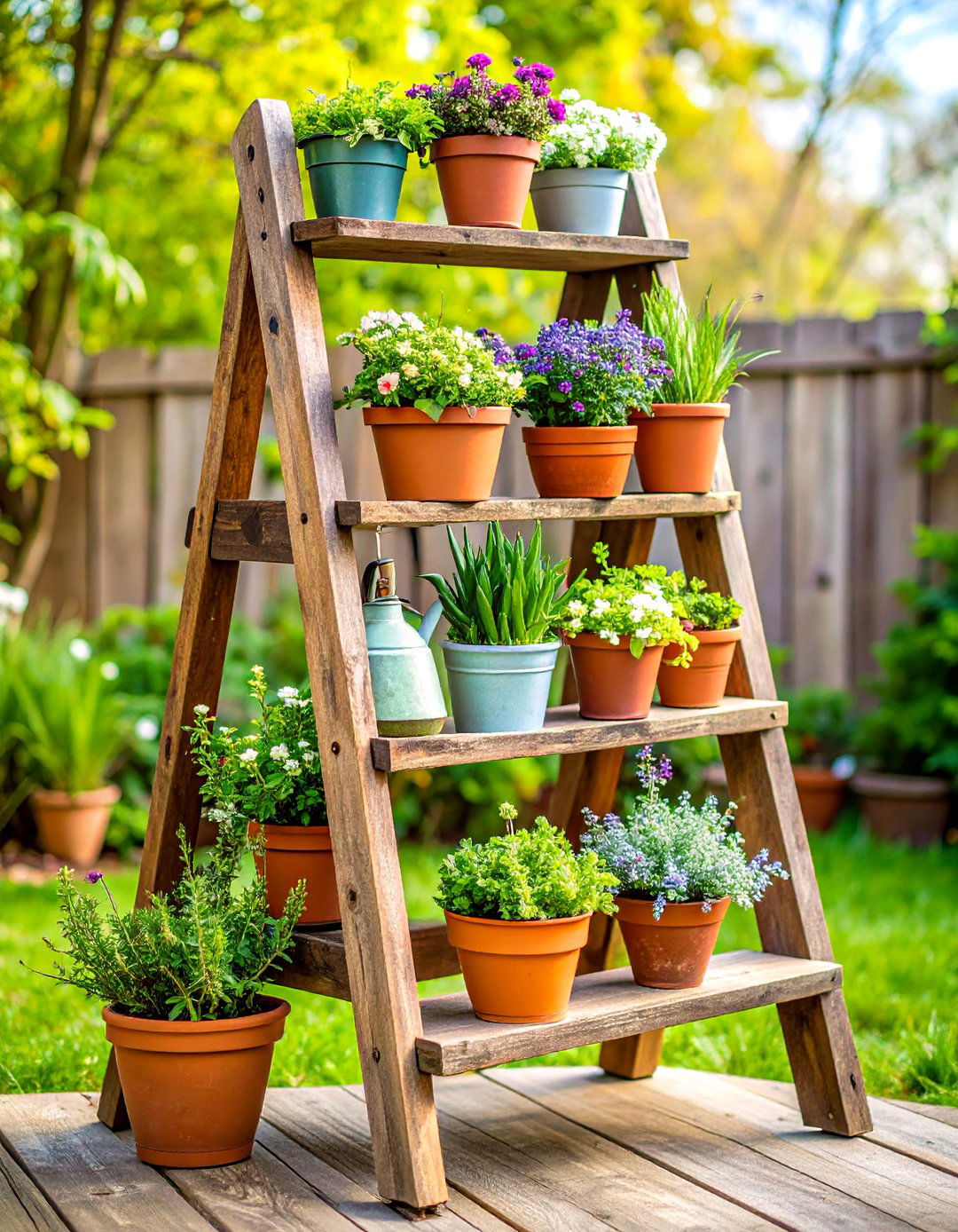 A Repurposed Ladder Plant Stand - 30 backyard ideas on a budget