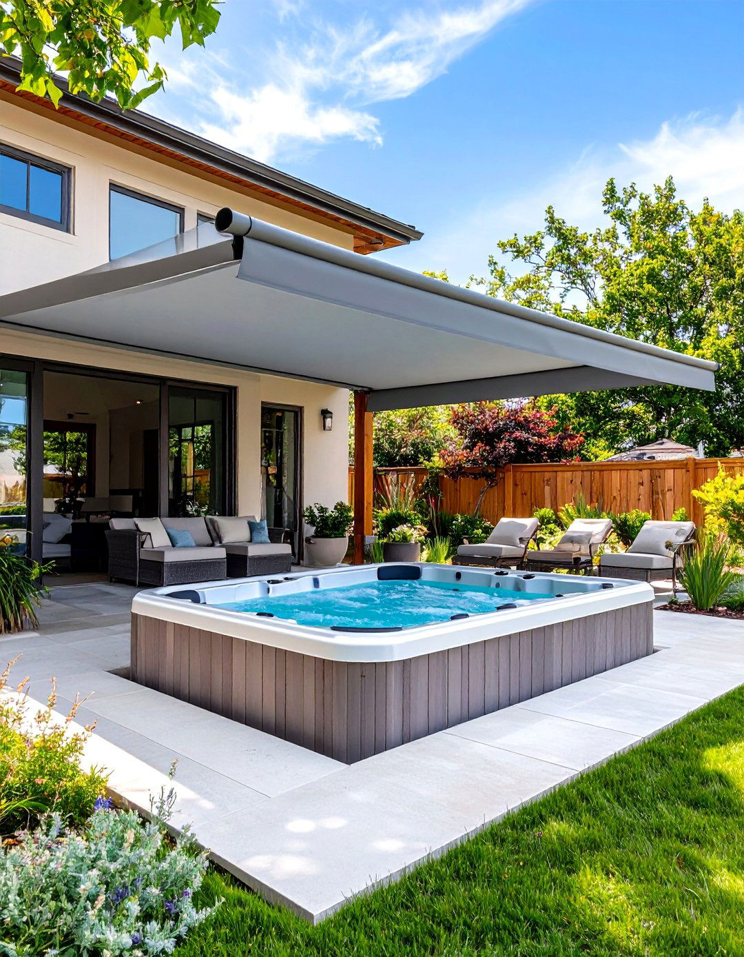 A Retractable Awning System - 30 backyard hot tub privacy ideas
