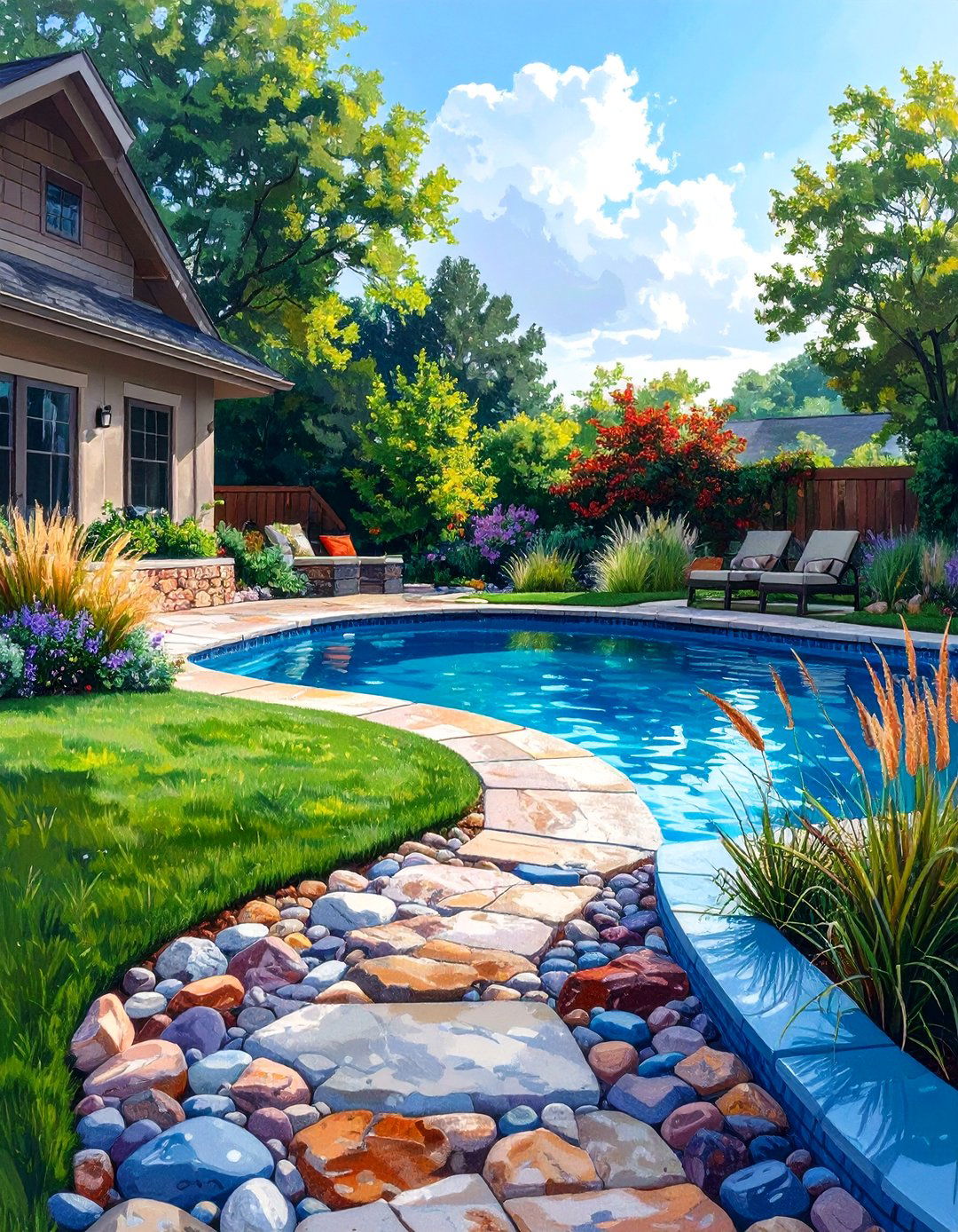 A River Rock and Grass Design - 30 above ground pool landscaping ideas