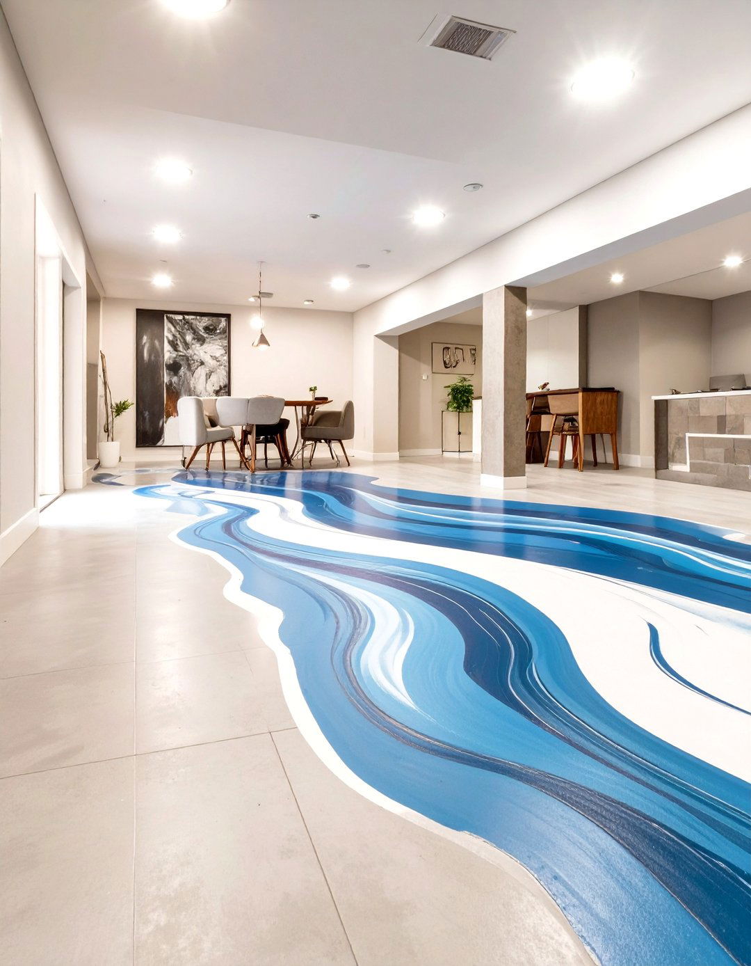 A River of Blue Painted Floor - 30 basement floor paint ideas