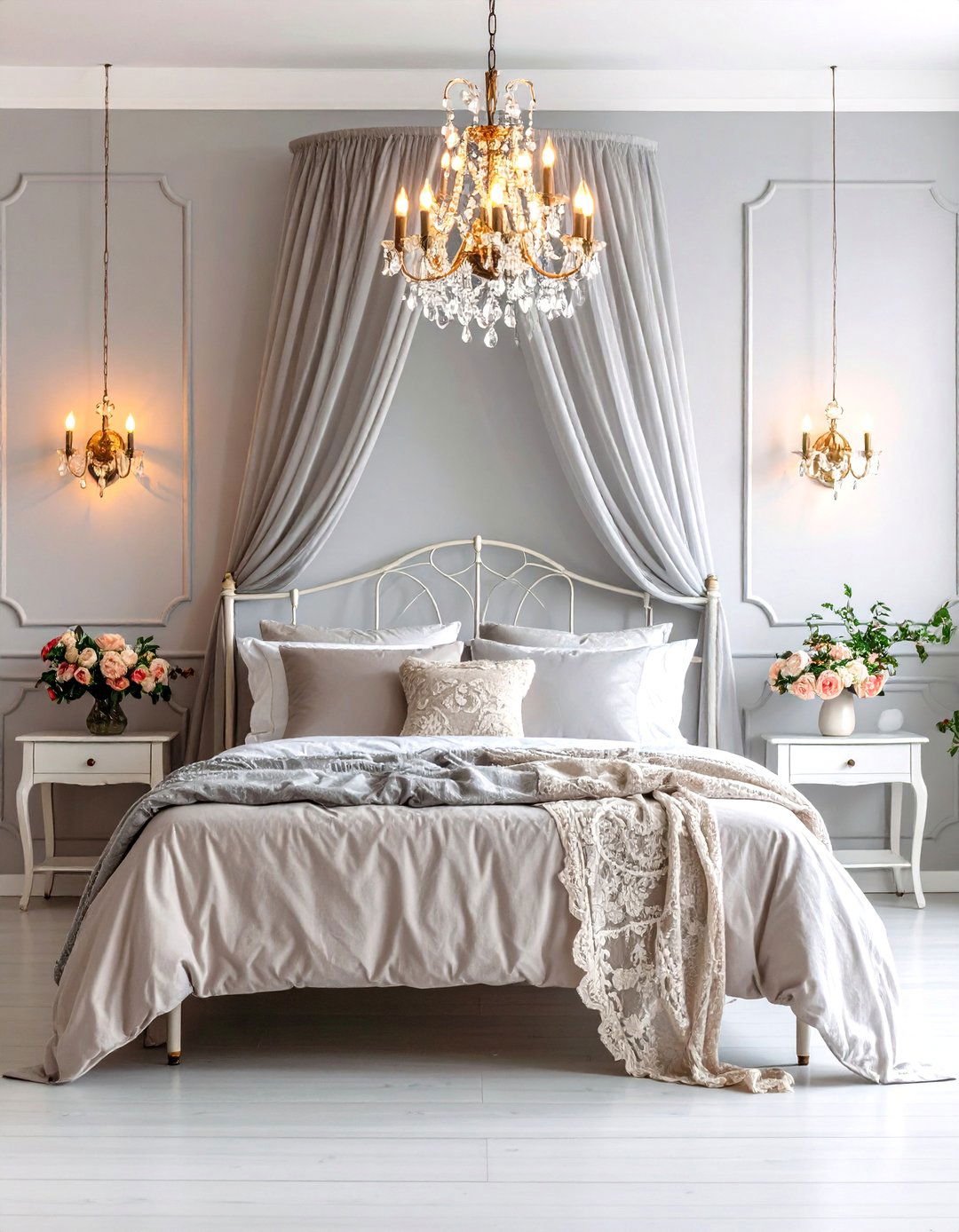 A Romantic Bedroom with Soft Grey and Lace - 30 grey and white bedroom ideas