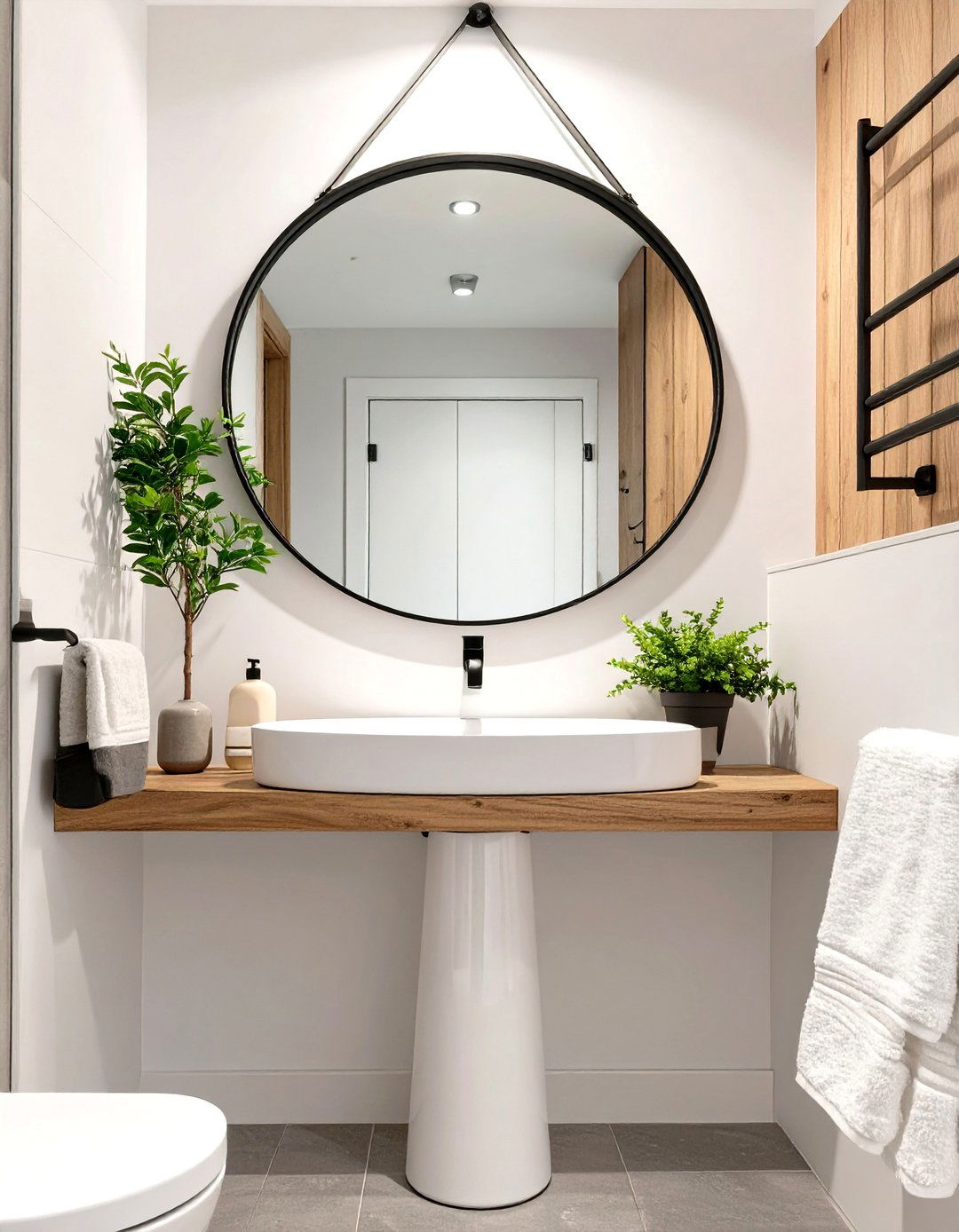 A Round Mirror to Soften Lines - 30 small bathroom inspo ideas