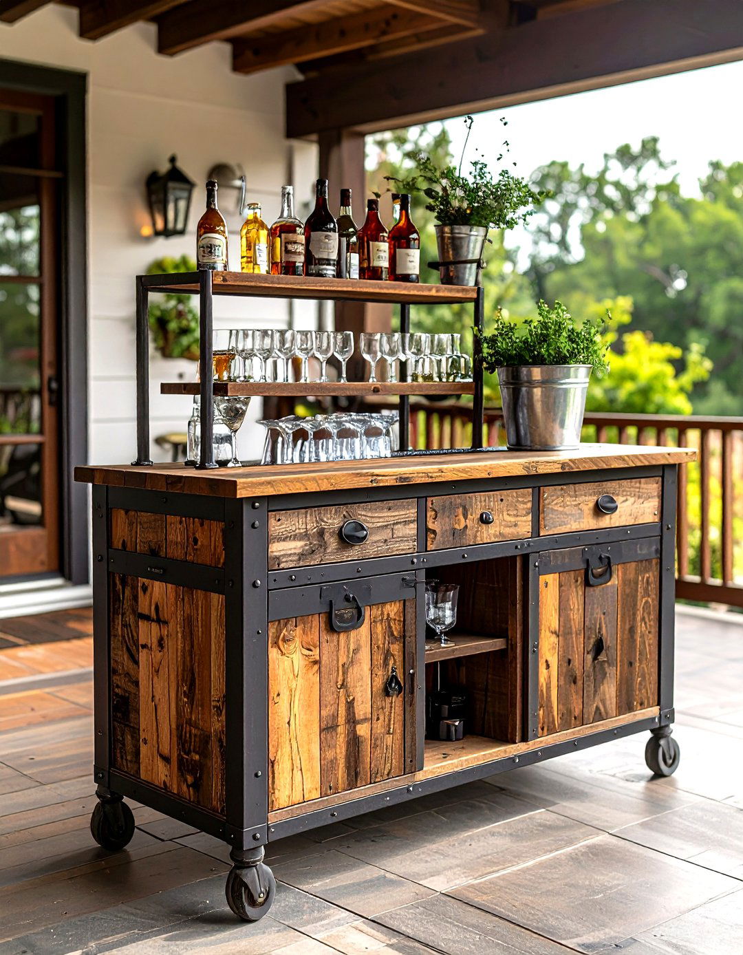 A Rustic Front Porch with an Outdoor Bar Cart - 30 rustic front porch decorating ideas