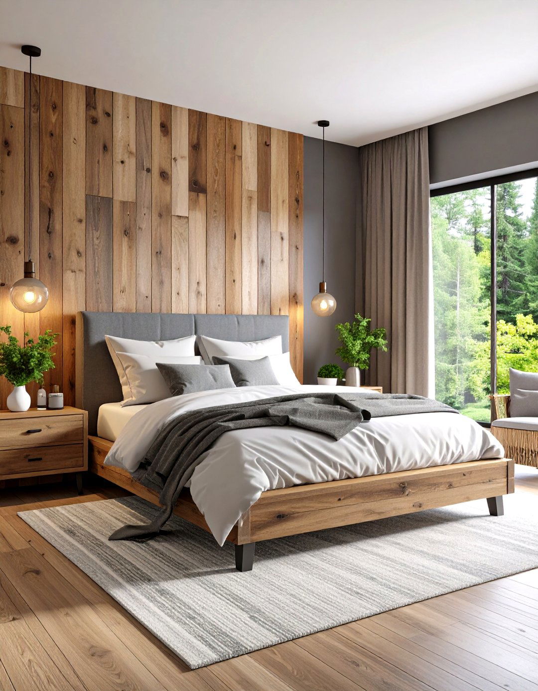 A Rustic Grey Bedroom with Natural Wood - 30 grey and white bedroom ideas