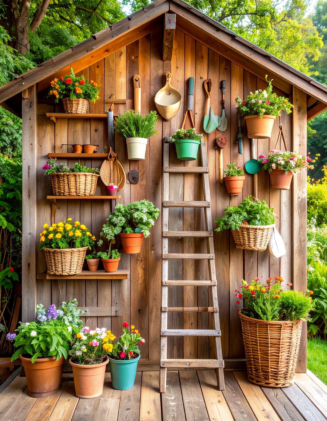A Rustic Ladder Garden Tool Hanger - 30 garden tool storage ideas