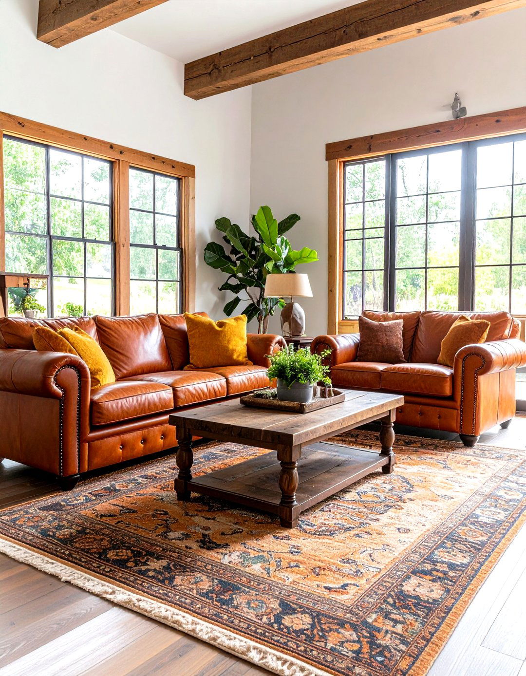 A Rustic Living Room with Leather Furniture - 30 farmhouse country living room ideas