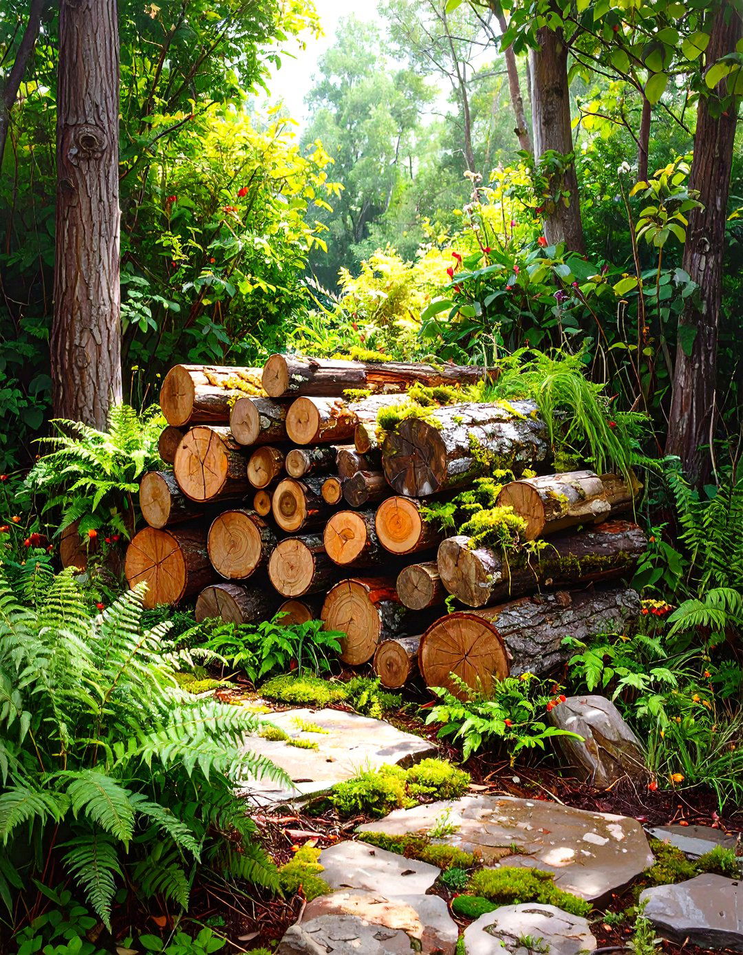 A Rustic Log Pile Habitat in a Shady Corner - 30 shady garden corner ideas