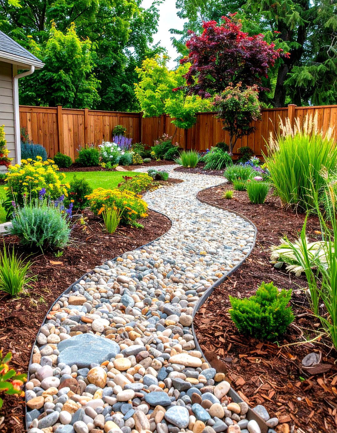 A Rustic River Bed Landscape - 30 front yard landscaping ideas with rocks and mulch