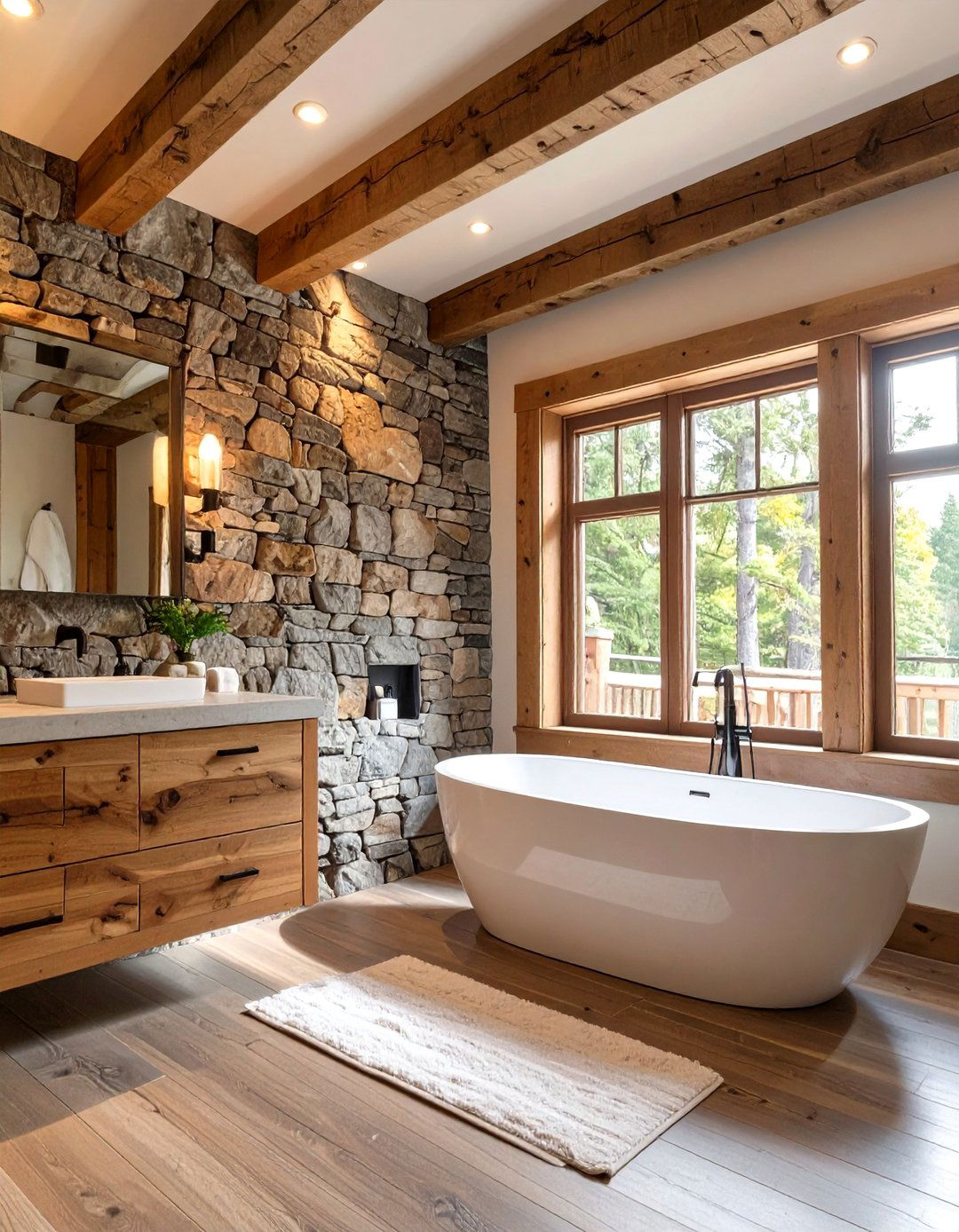 A Rustic Stone Accent Wall Bathroom - 30 cabin bathroom ideas