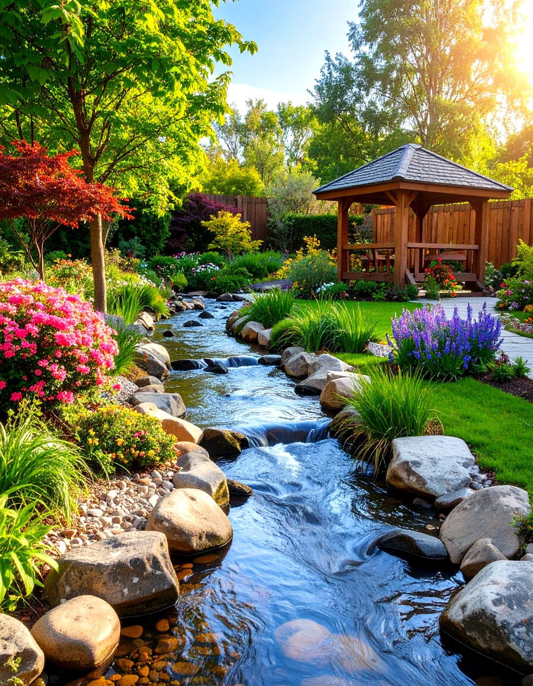 A Rustic Timber Lined Dry Creek Bed - 30 landscape timber ideas