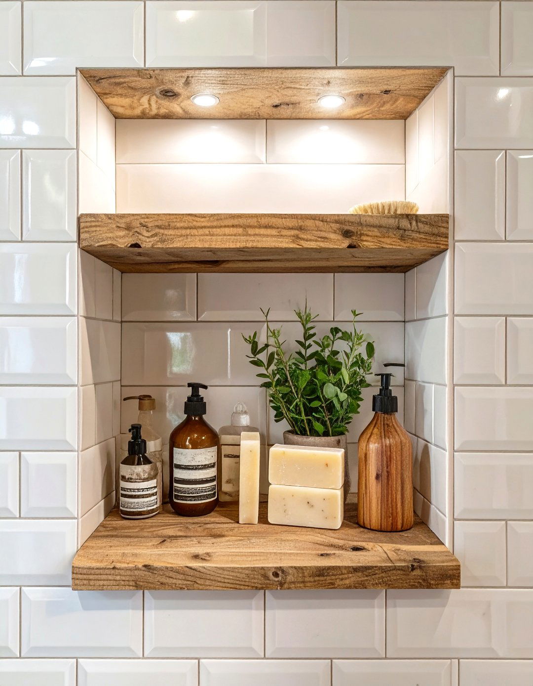A Rustic Wood Look Tile Bathroom Niche - 30 bathroom niche ideas