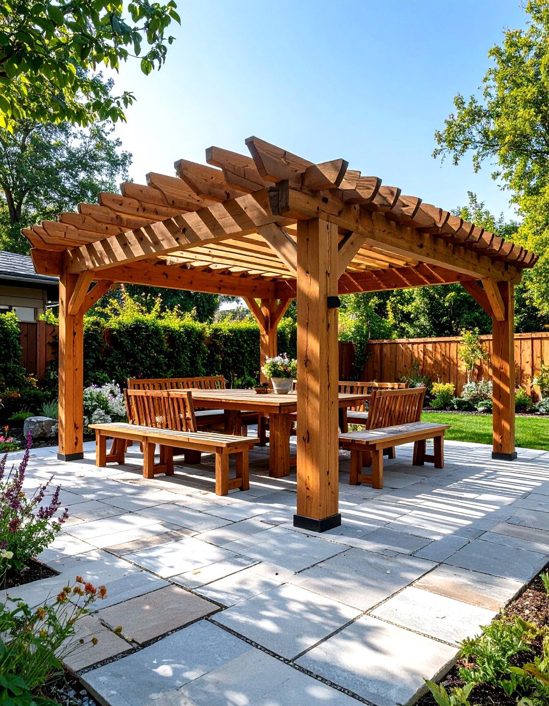 A Rustic Wood Slat Pergola Roof - 30 outdoor shade ideas