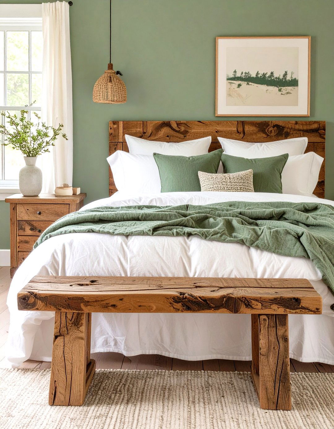 A Rustic Wooden Bench at the Foot of the Bed - 30 rustic sage green bedroom ideas