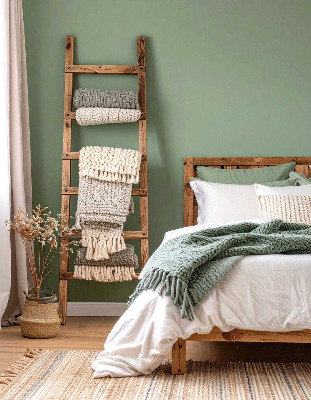 A Rustic Wooden Ladder for Blanket Storage - 30 rustic sage green bedroom ideas