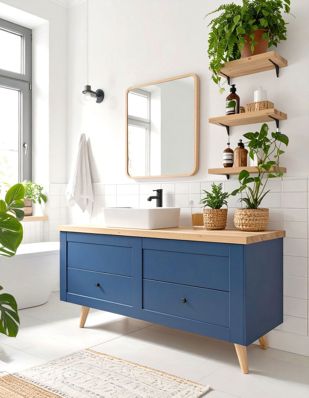 A Scandinavian Bathroom with Natural Elements - 30 navy blue vanity bathroom ideas