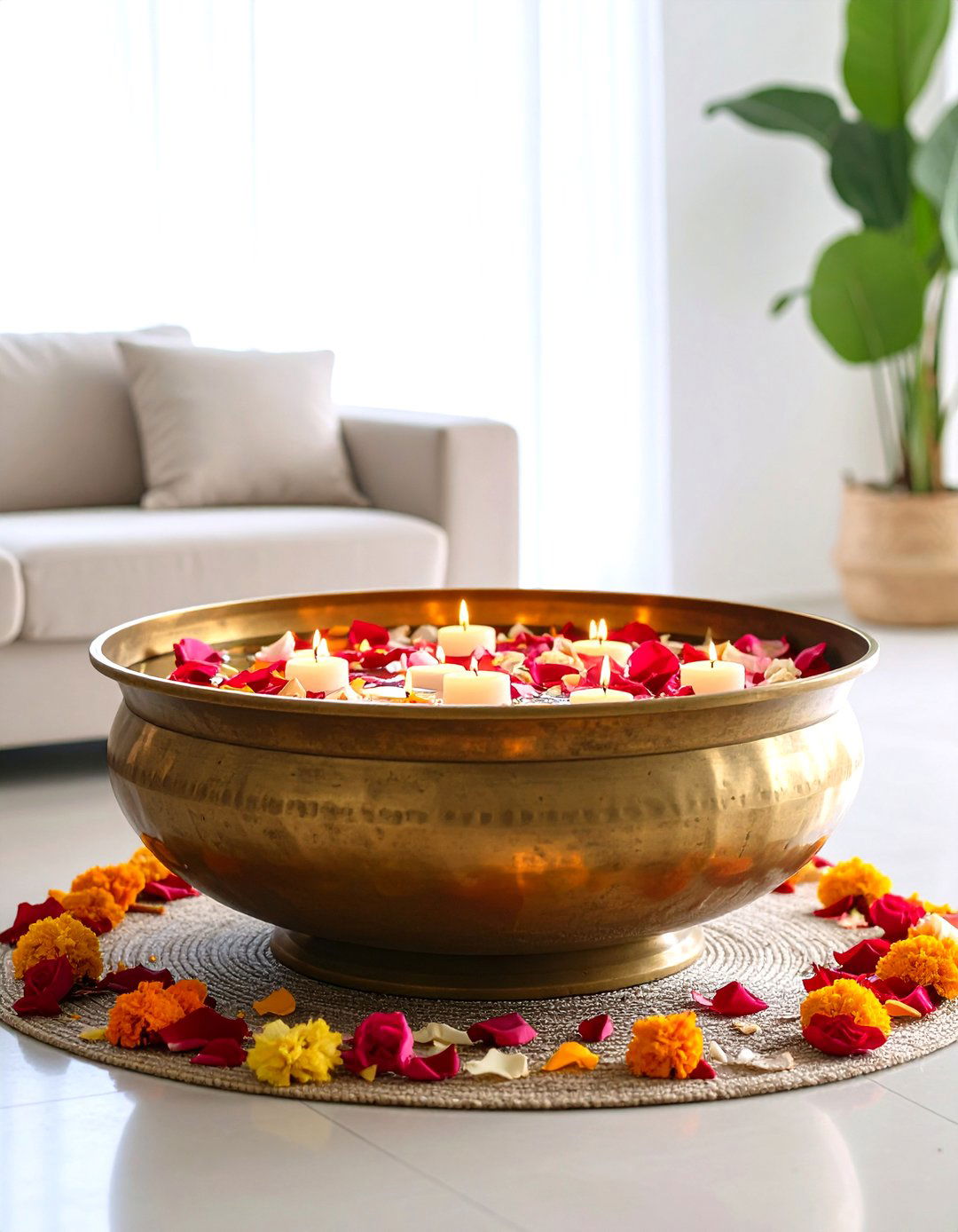 A Serene Floral Rangoli on Water - 30 diwali decoration ideas for living room