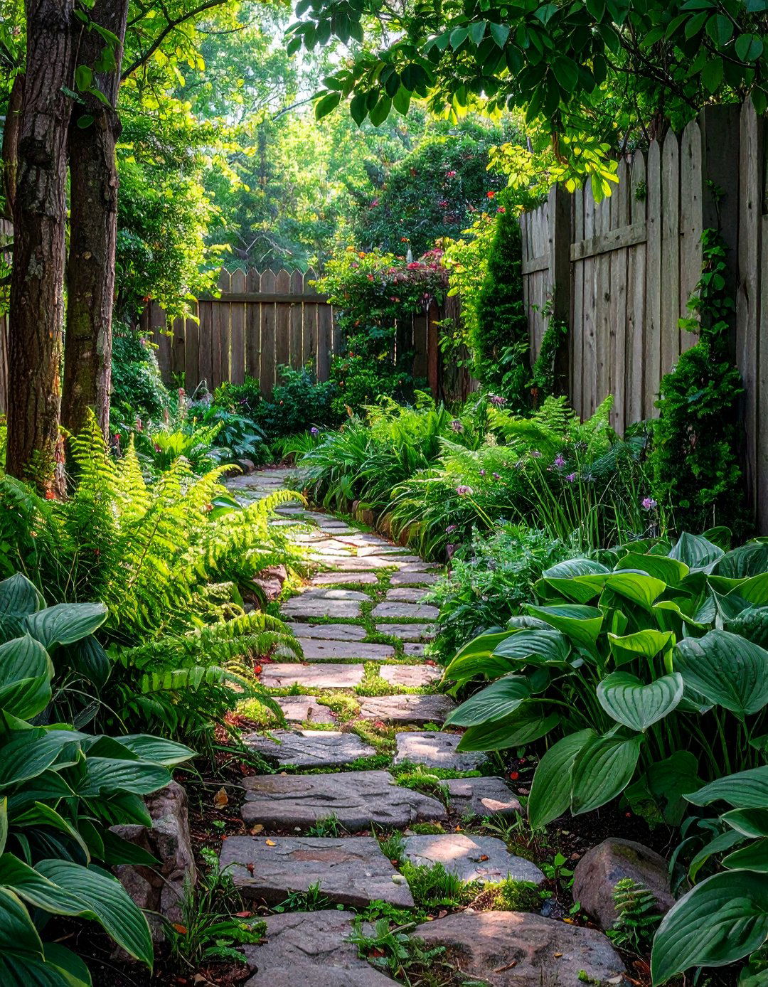 A Shade Loving Fern and Hosta Path - 30 along fence simple backyard landscaping ideas