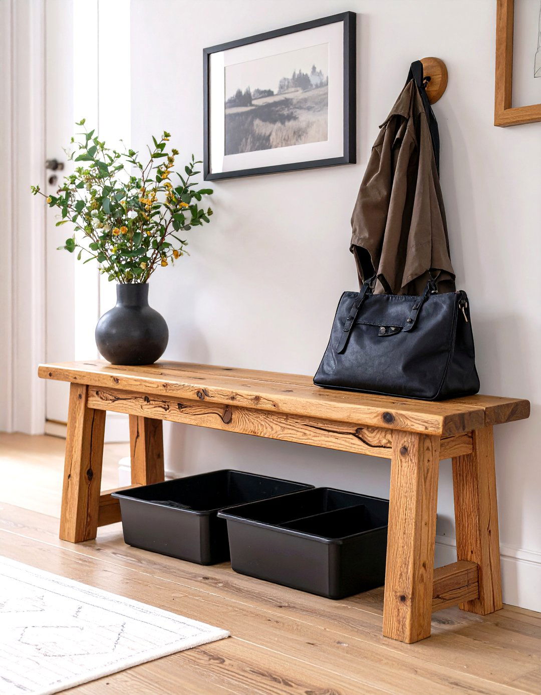 A Simple Bench with Shoe Trays - 30 hallway storage ideas