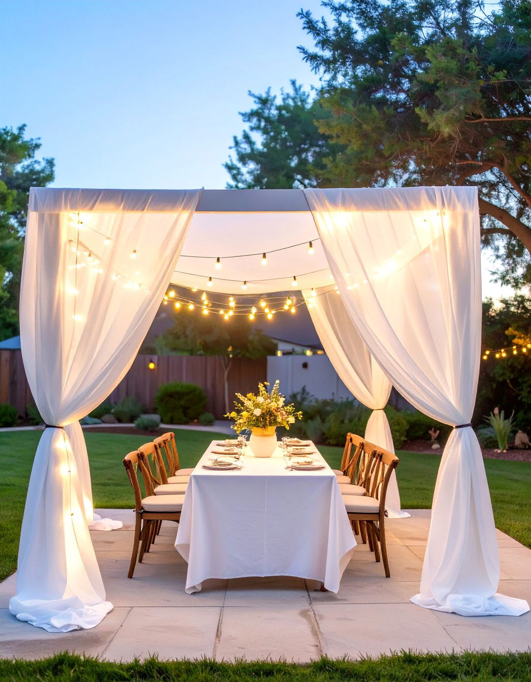 A Simple Fabric Canopy with String Lights - 30 backyard shade ideas