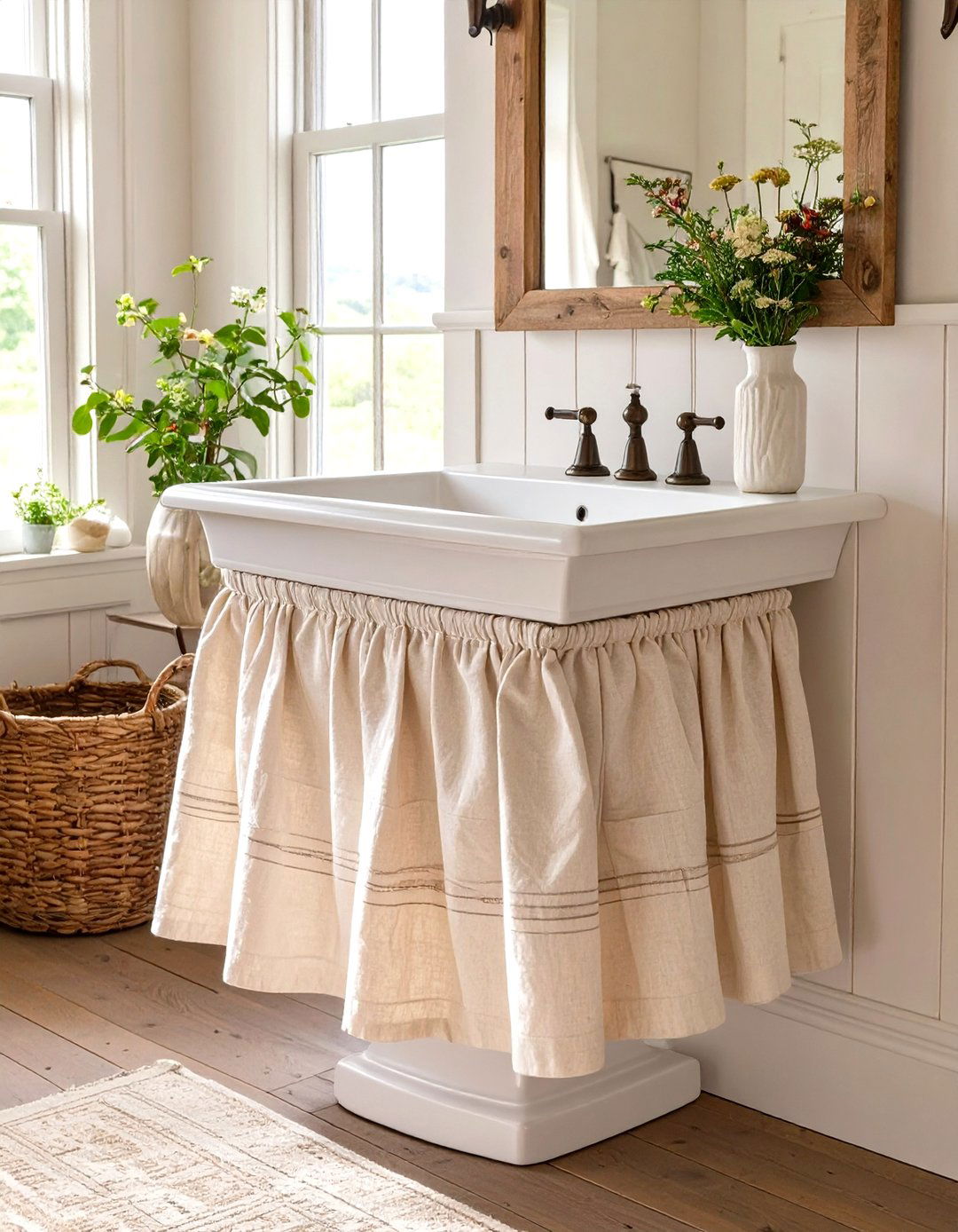 A Simple Linen Sink Skirt - 30 vintage bathroom ideas