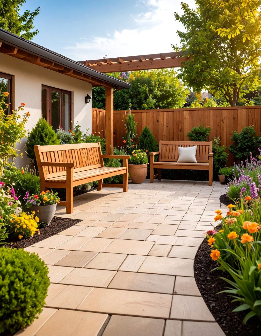A Simple Paver Path Widened for Seating - 30 paver patio ideas on a budget