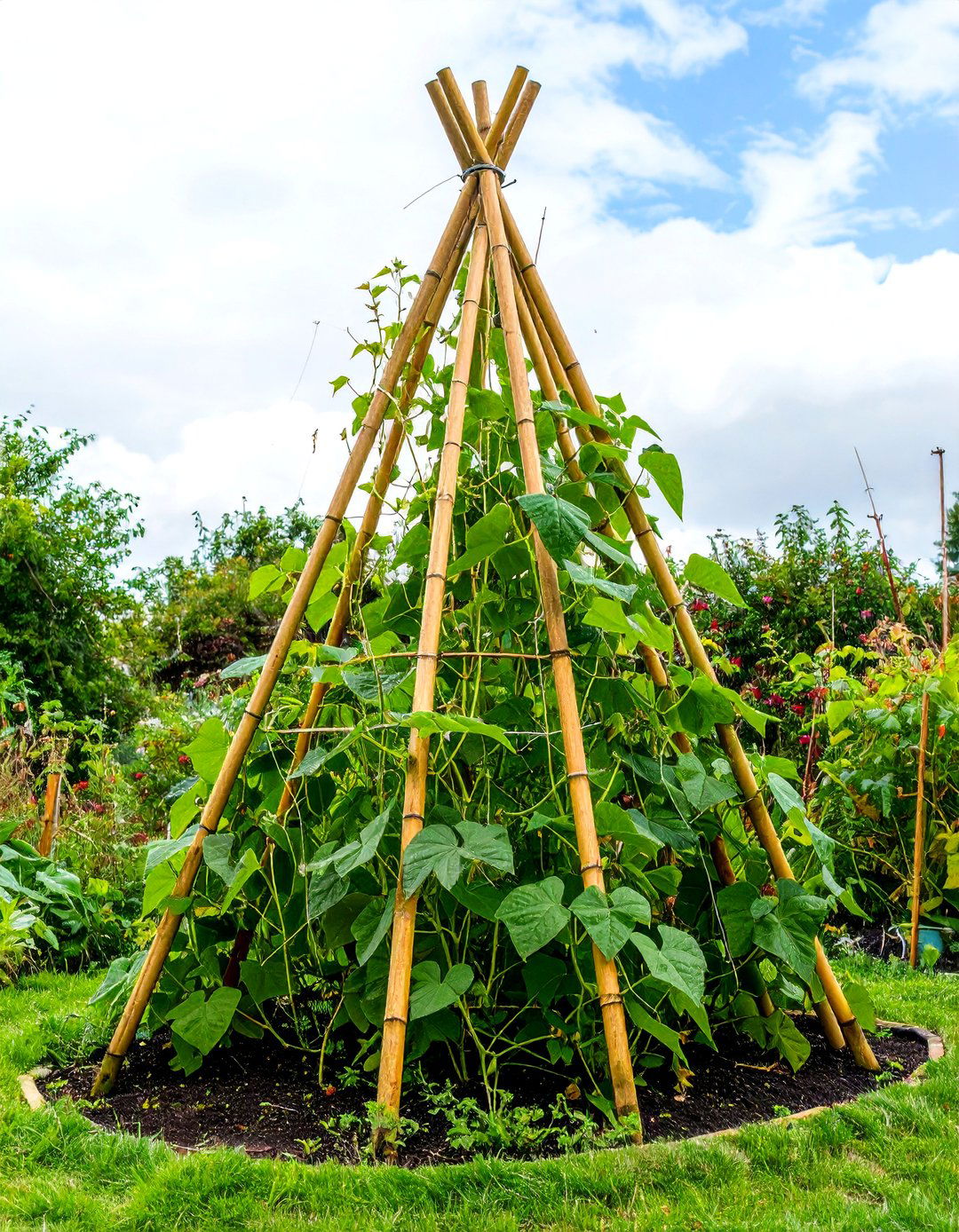A Simple Teepee Trellis for Vines - 30 backyard ideas on a budget