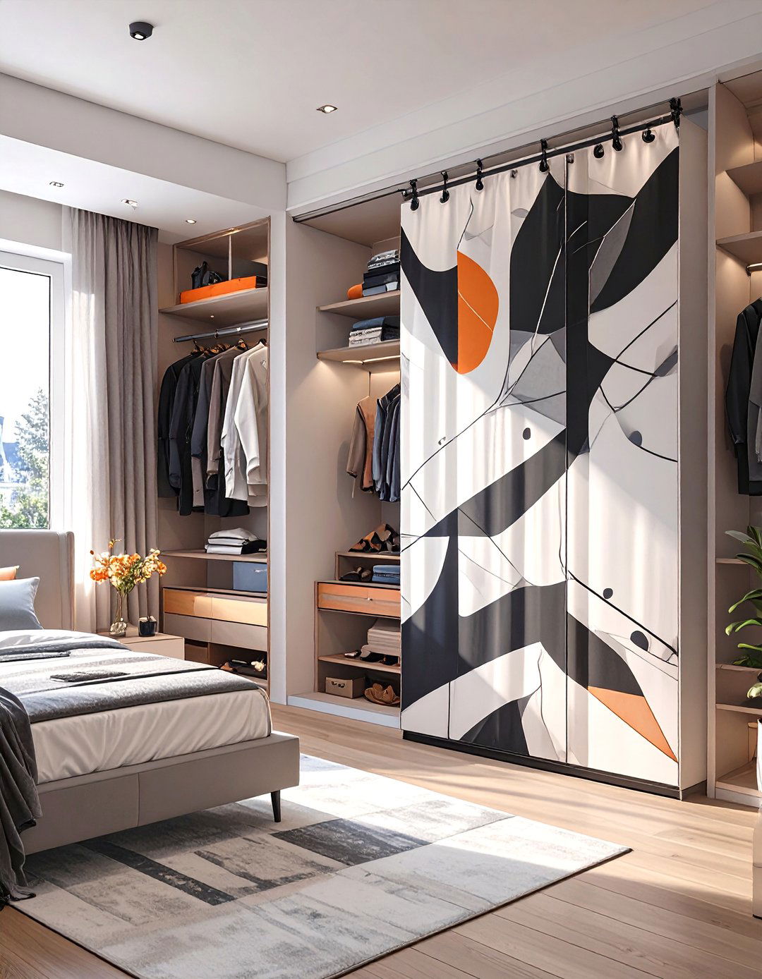 A Simple Tension Rod and Fabric Panel - 30 alternative to closet door ideas