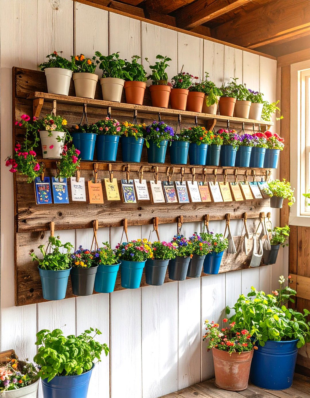 A Simple Wooden Board with Clothespins for Seed Packets - 30 garden tool storage ideas