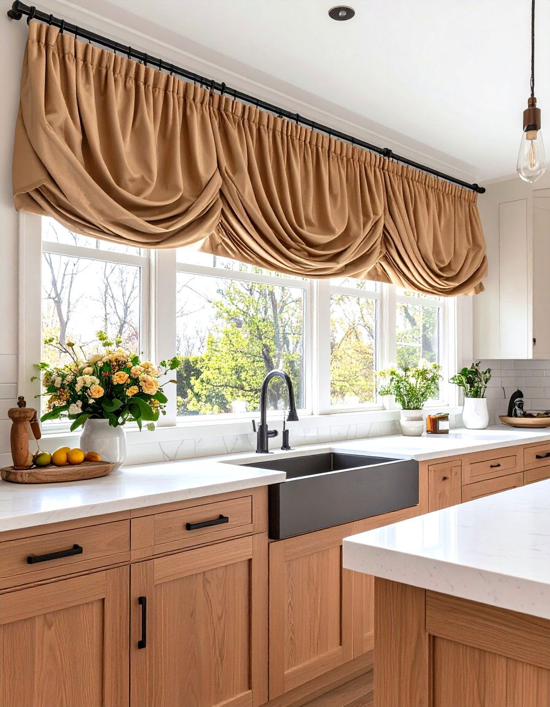 A Single Asymmetrical Swag Valance - 30 kitchen curtain ideas above sink