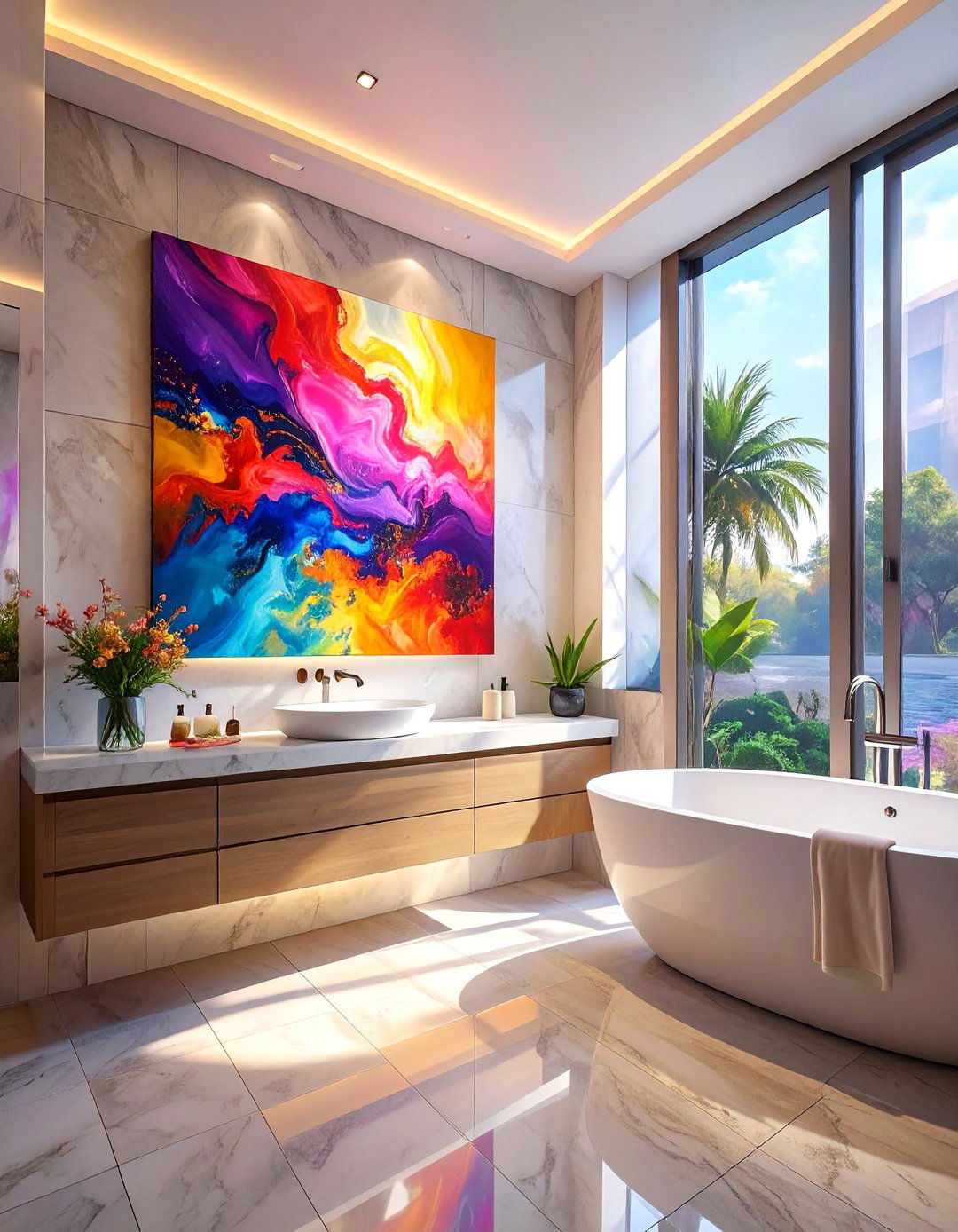 A Single Oversized Statement Painting - 30 bathroom wall art ideas