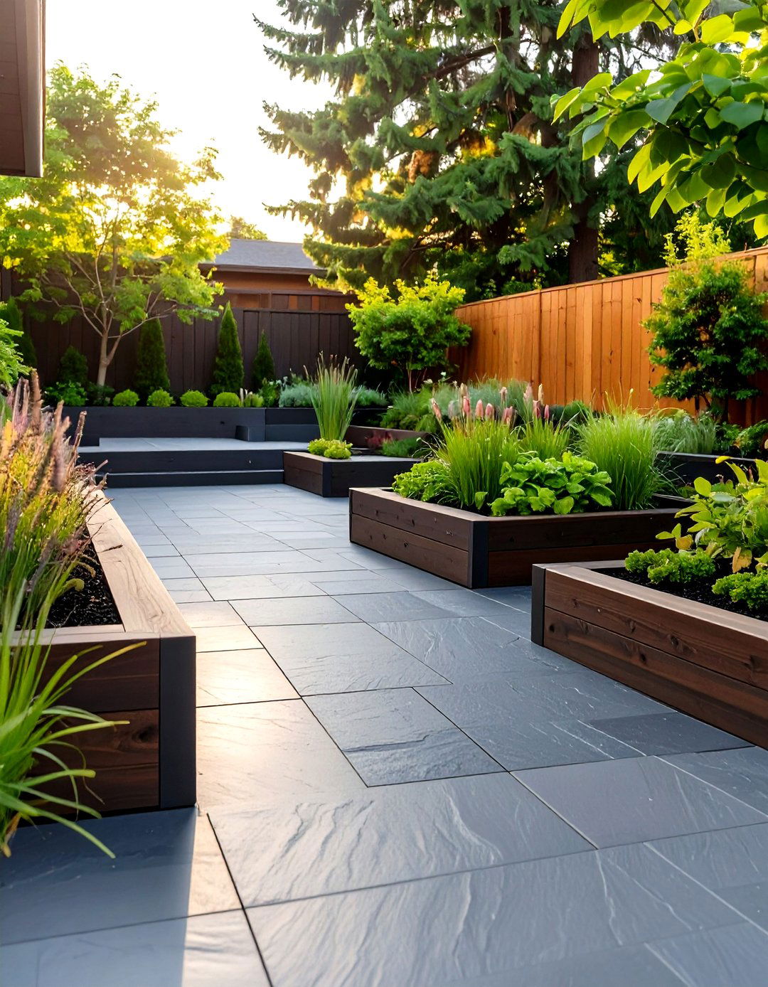 A Slate Tile Patio with Raised Beds - 30 backyard ideas without grass