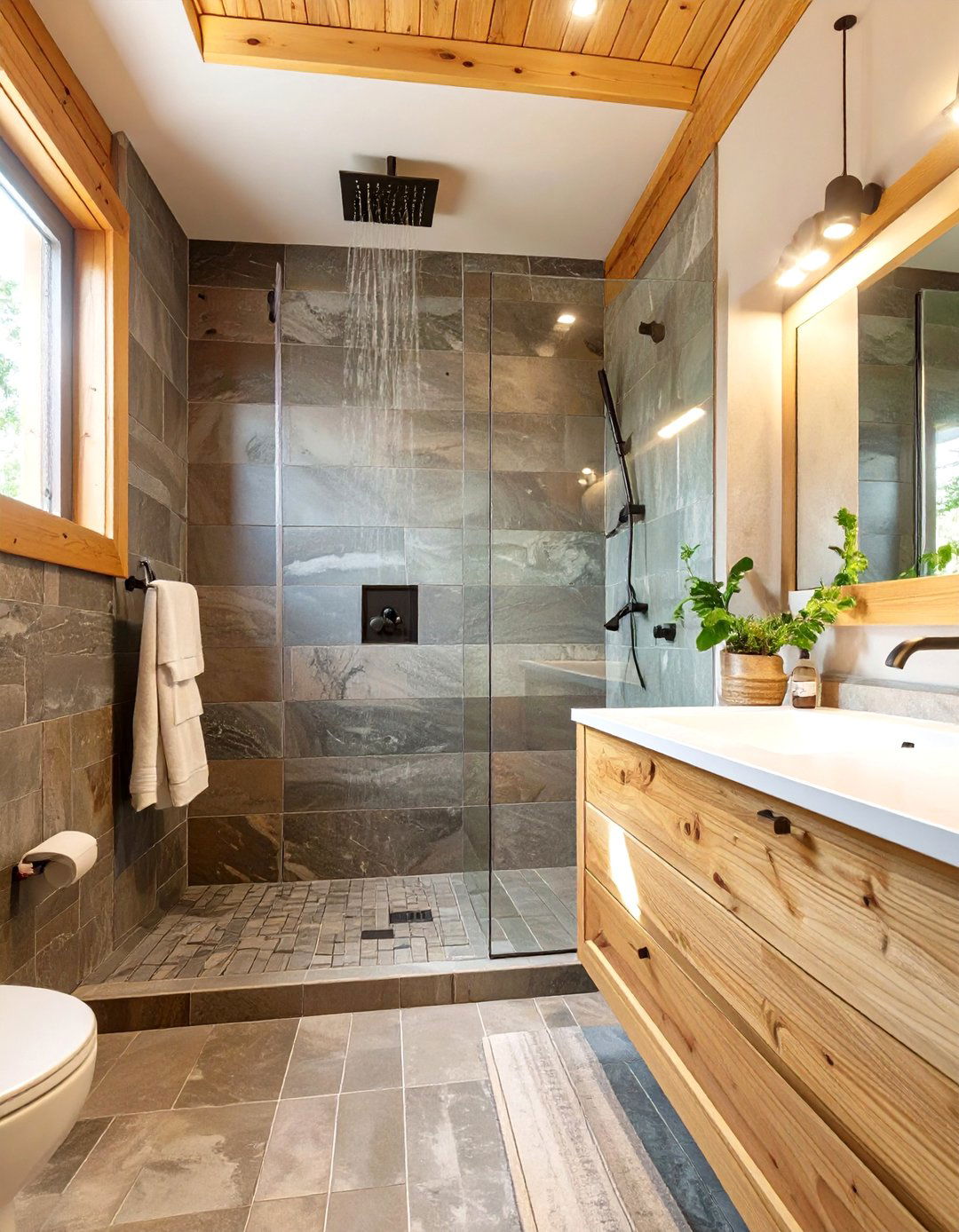 A Slate Tile Walk In Shower Bathroom - 30 cabin bathroom ideas
