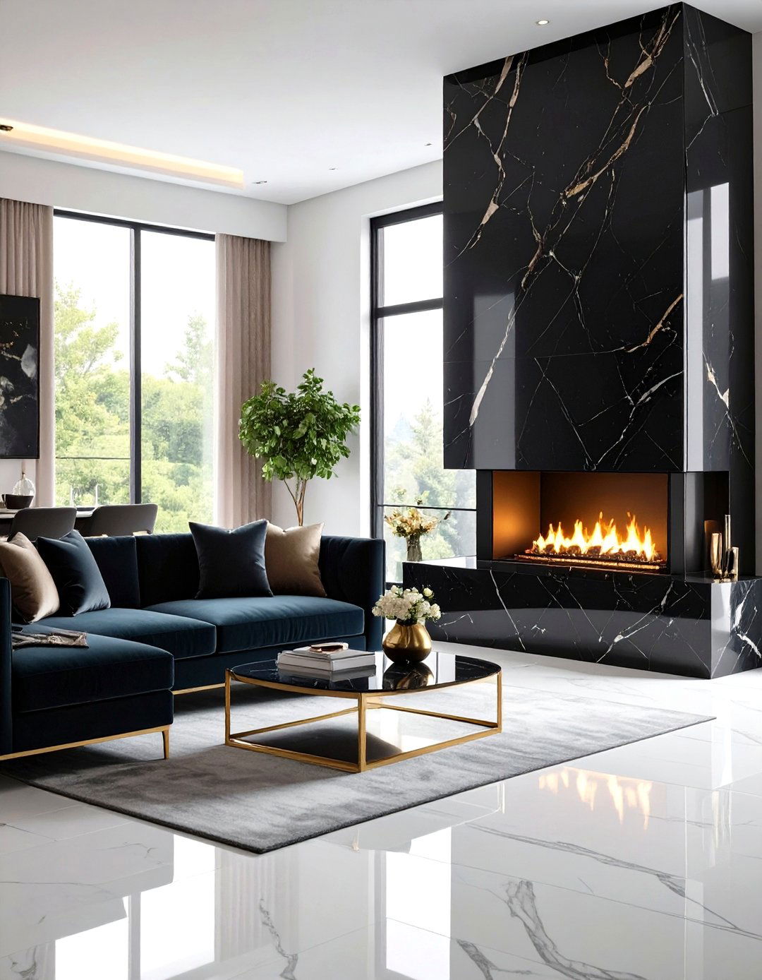 A Sleek Black Marble Living Room Corner Fireplace - 30 living room corner fireplace ideas