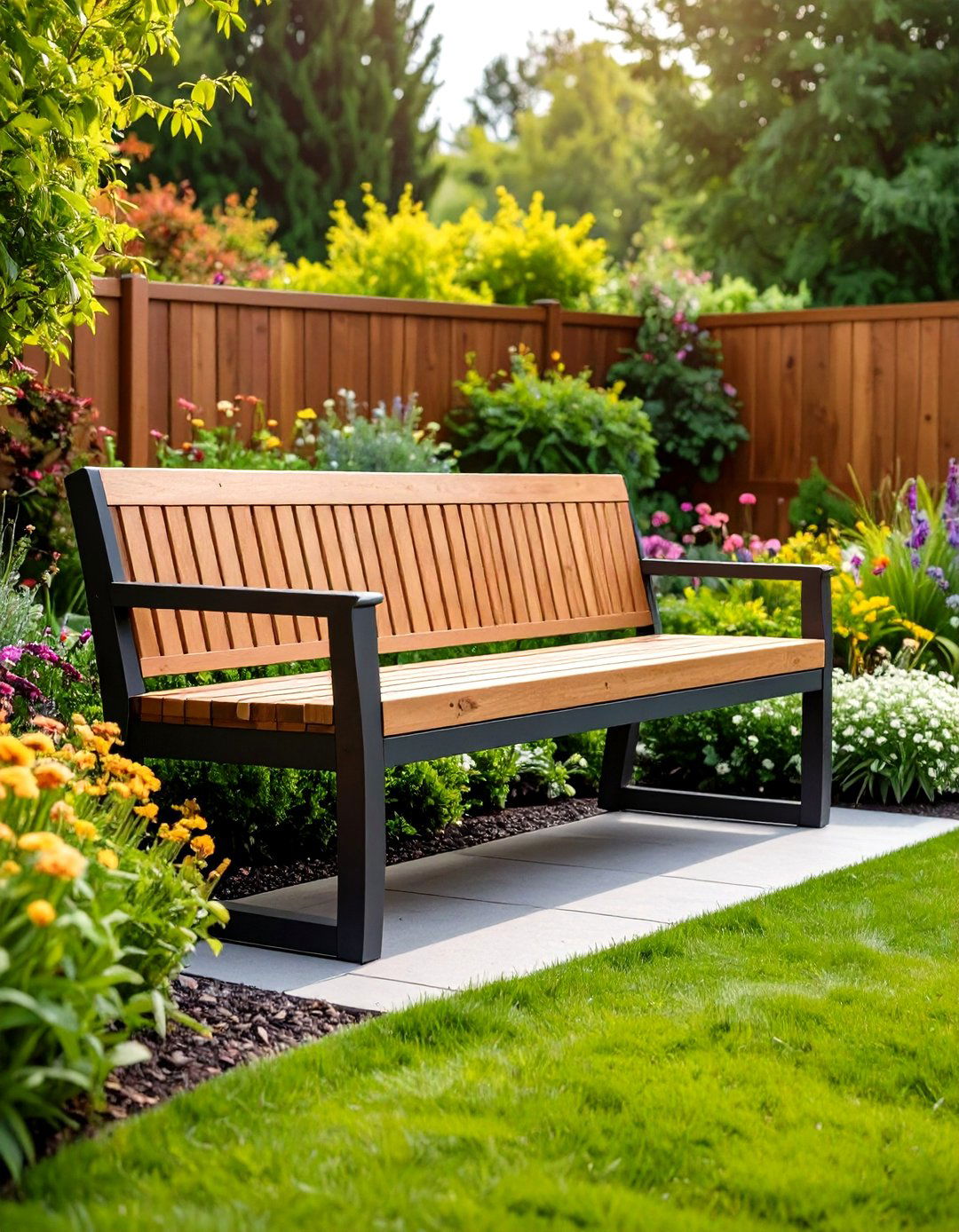 A Sleek Metal and Wood Garden Bench - 30 garden bench ideas