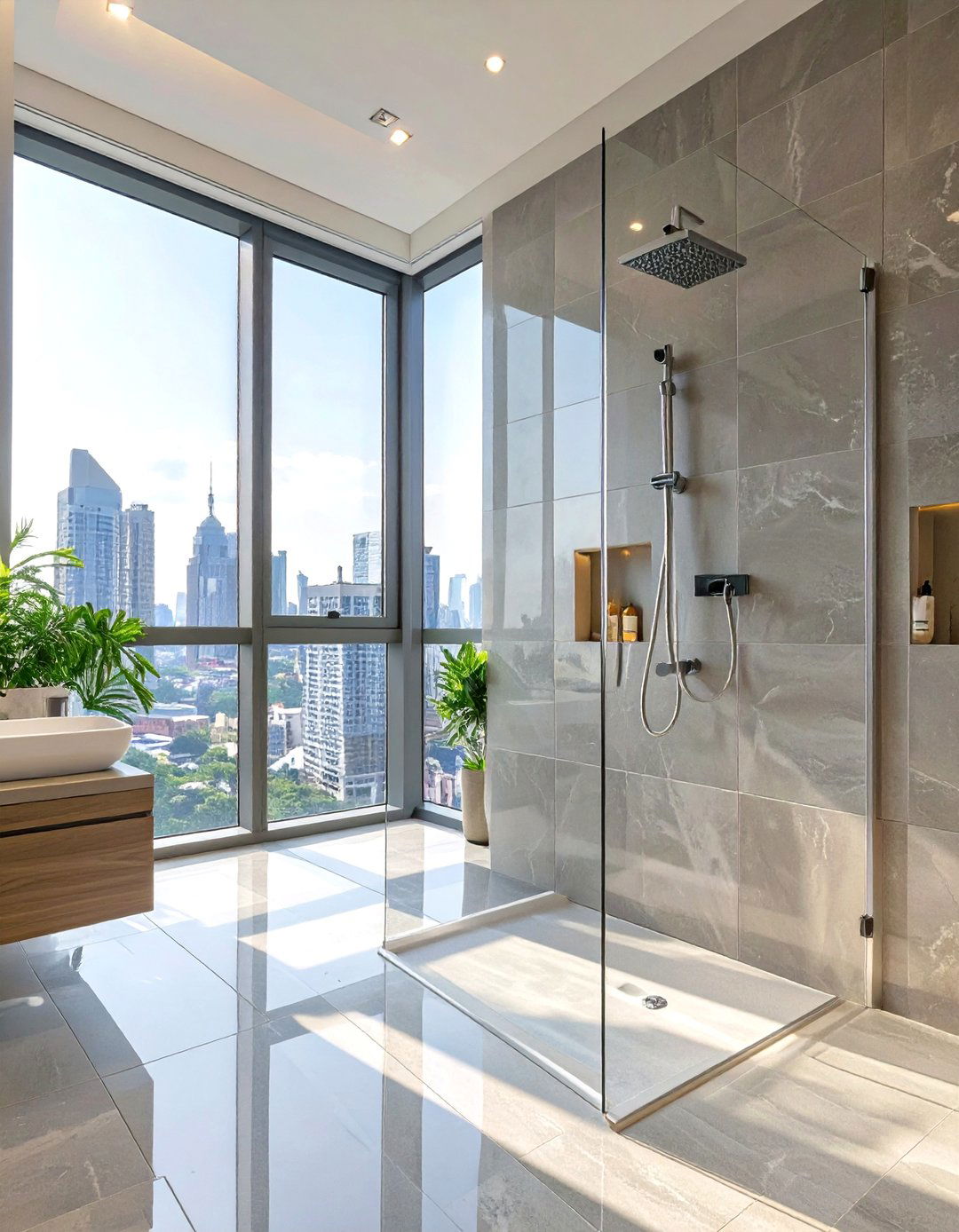 A Sleek Urban Open Shower with a View - 30 open shower ideas