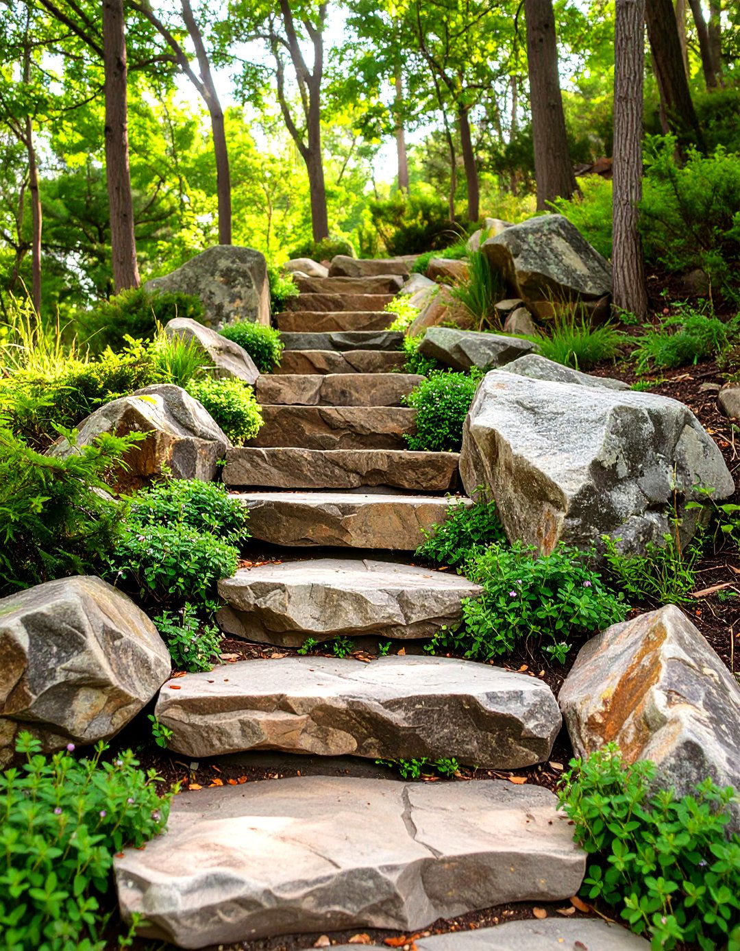 A Sloped Natural Boulder Stairway - 30 sloped backyard landscaping ideas