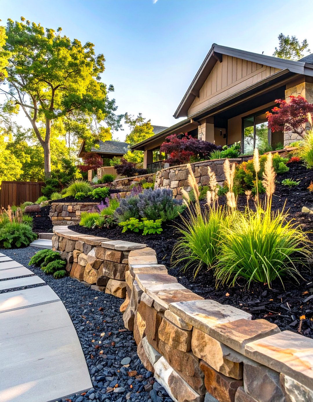 A Sloped Solution with Rock Retaining Walls - 30 low maintenance front yard landscaping ideas with rocks and mulch
