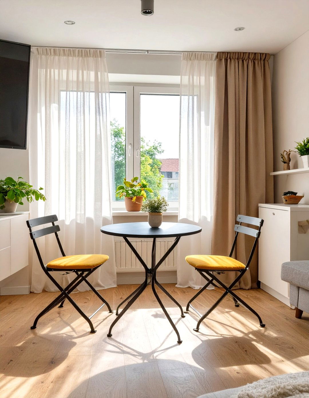 A Small Bistro Table Set in a Window Nook - 30 small living room ideas with tv and dining table