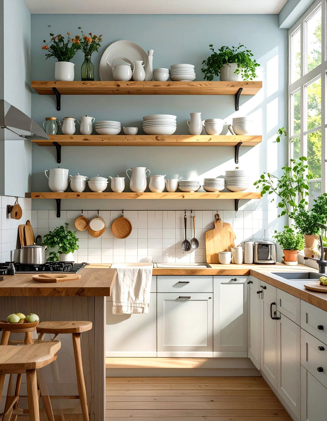 A Small Kitchen Layout with Floating Shelves - 30 small kitchen layout ideas