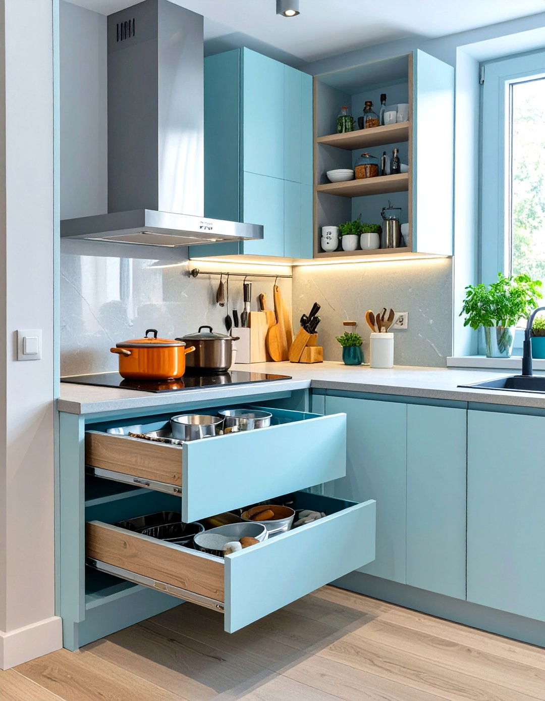 A Small Kitchen Layout with Smart Corner Drawers - 30 small kitchen layout ideas