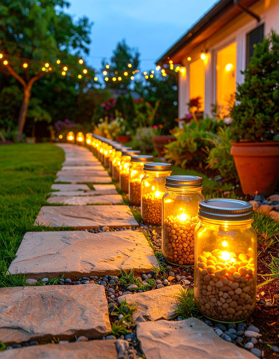 A Solar Jar Light Pathway - 30 backyard ideas on a budget