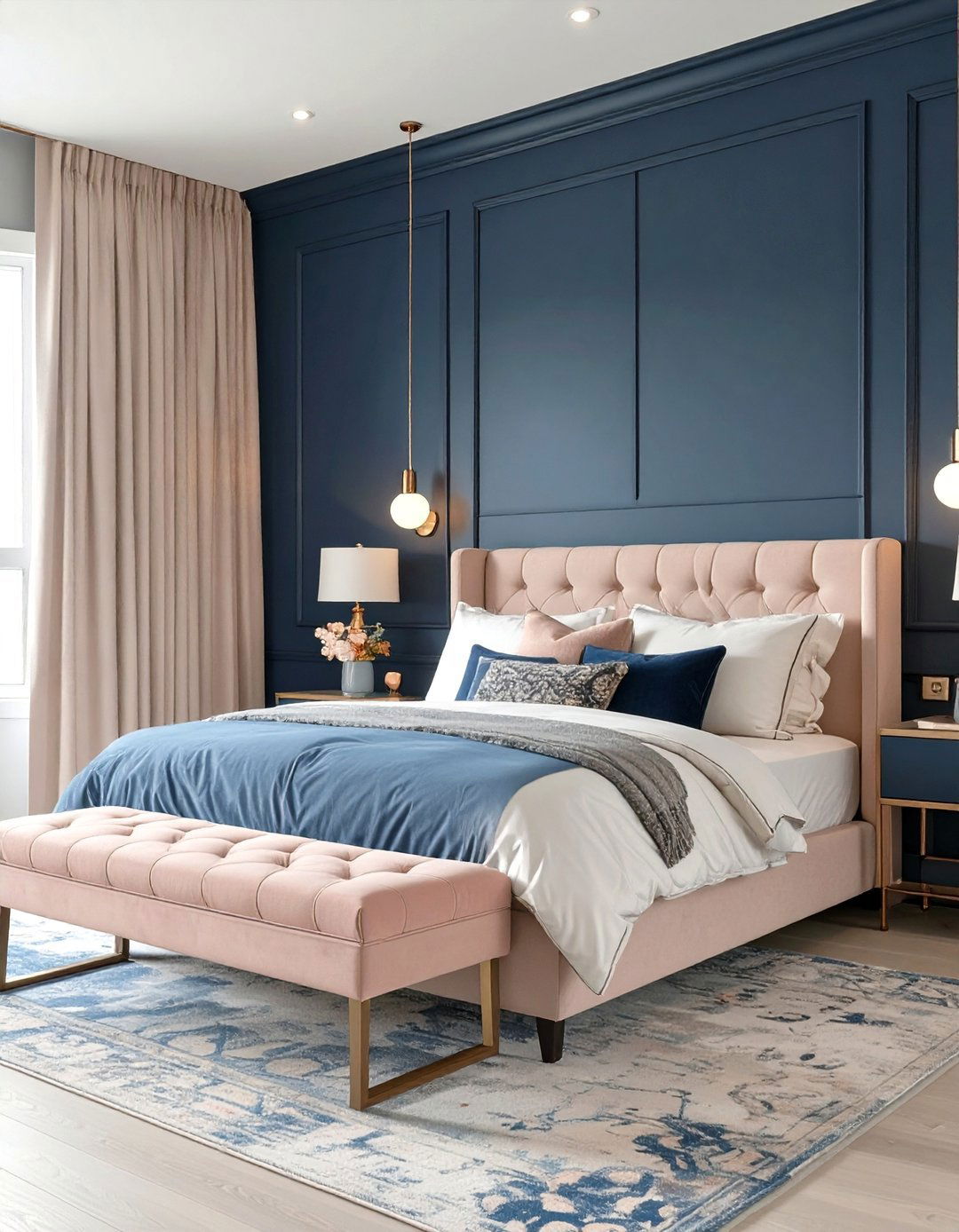 A Sophisticated Navy and Blush Bedroom - 30 colorful bedroom ideas