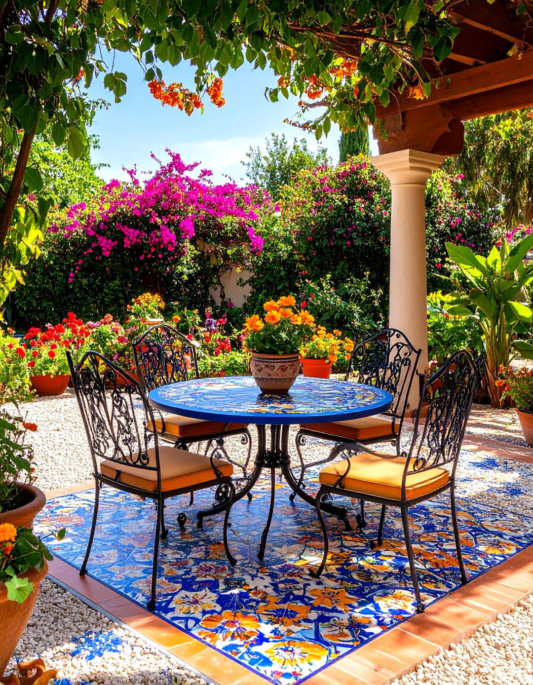 A Spanish Style Gravel Patio with Tiles - 30 gravel patio ideas