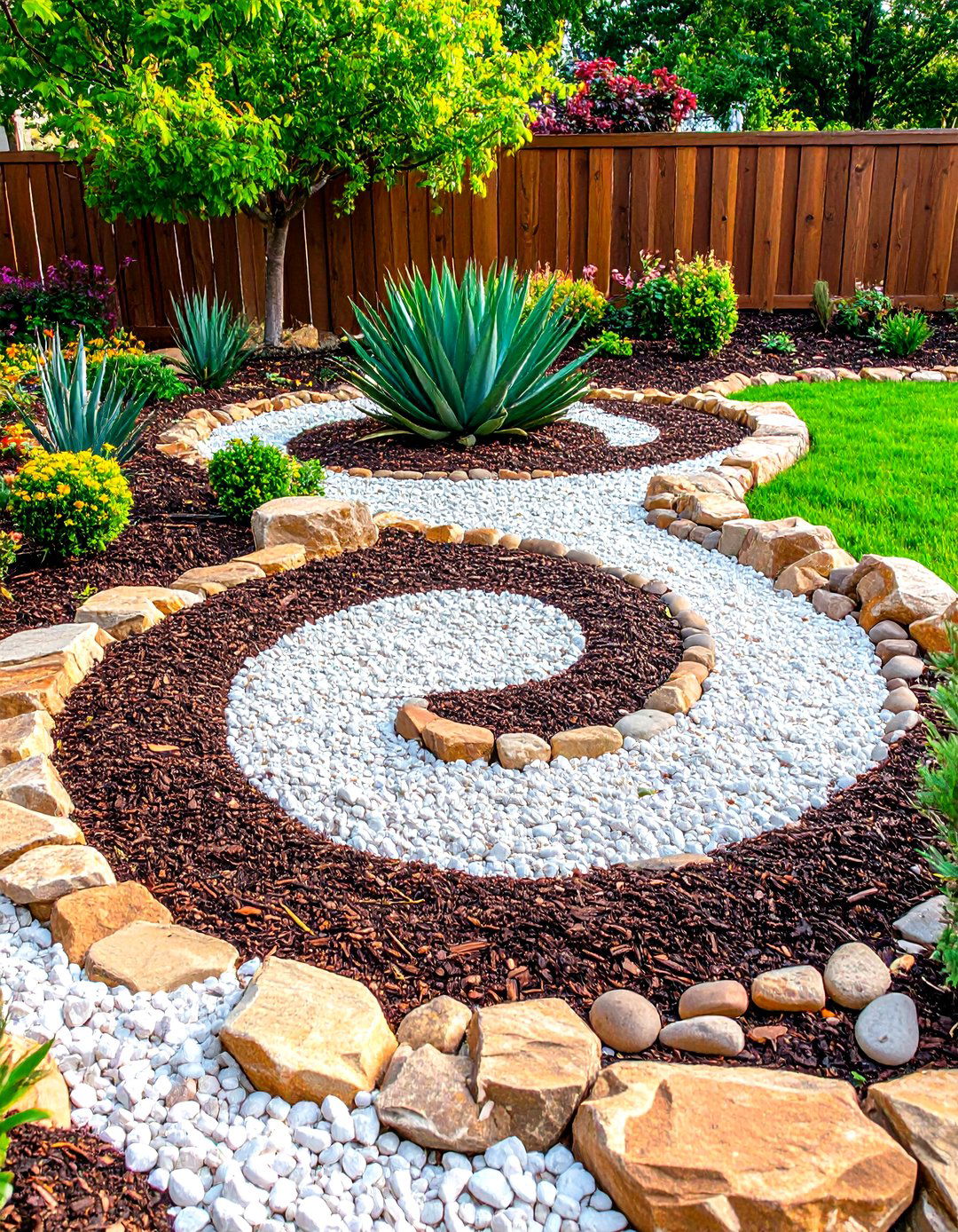 A Spiral Rock Garden Feature - 30 front yard landscaping ideas with rocks and mulch