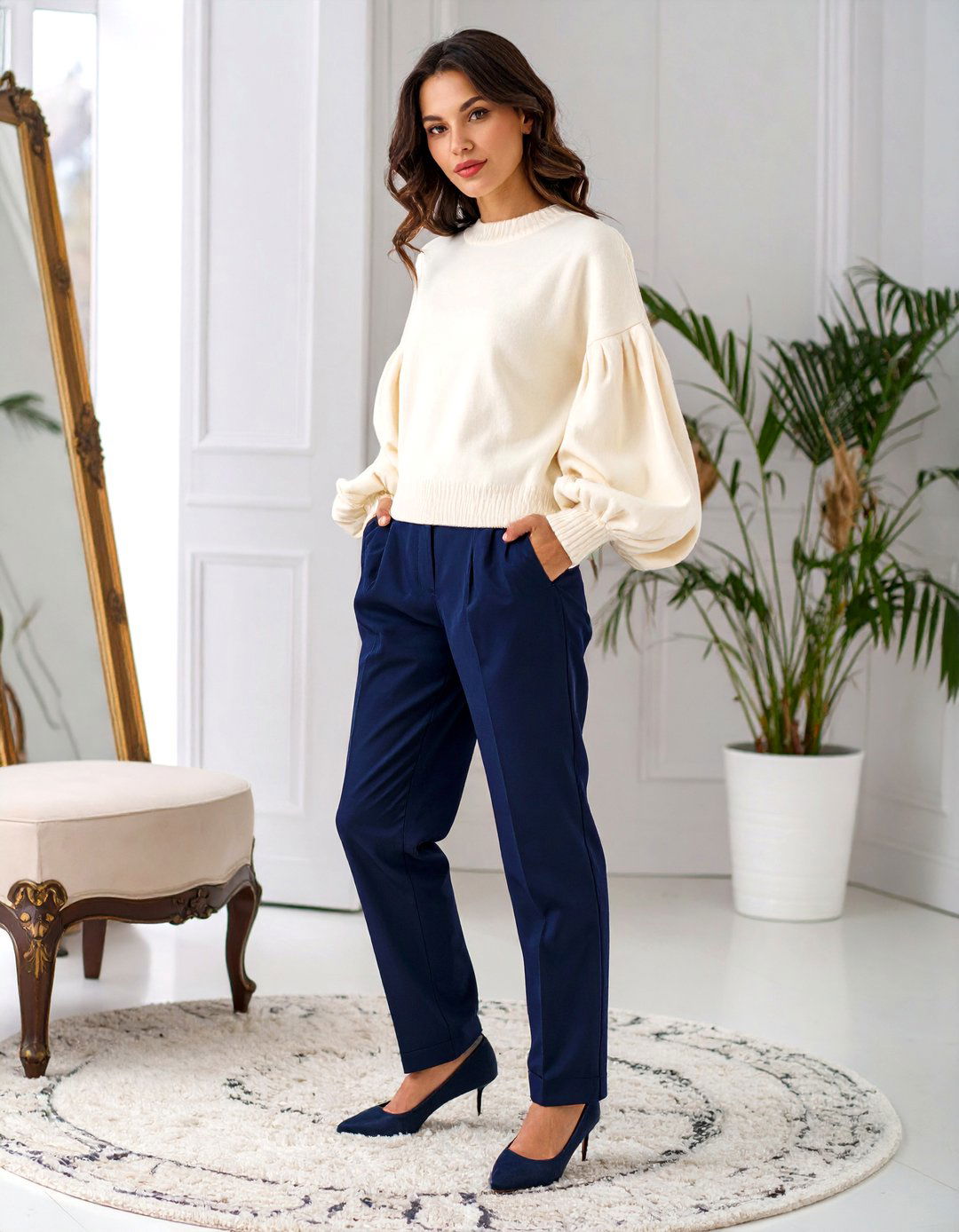 A Statement Sleeve Sweater and Trousers - 30 baby shower outfit ideas guest winter
