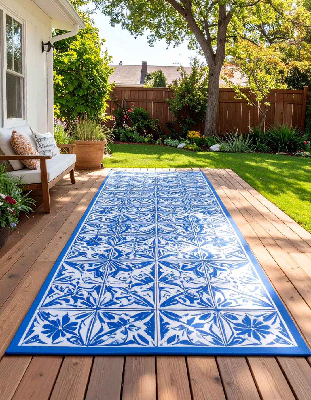 A Stenciled Floorcloth Zone - 30 backyard patio ideas on a budget