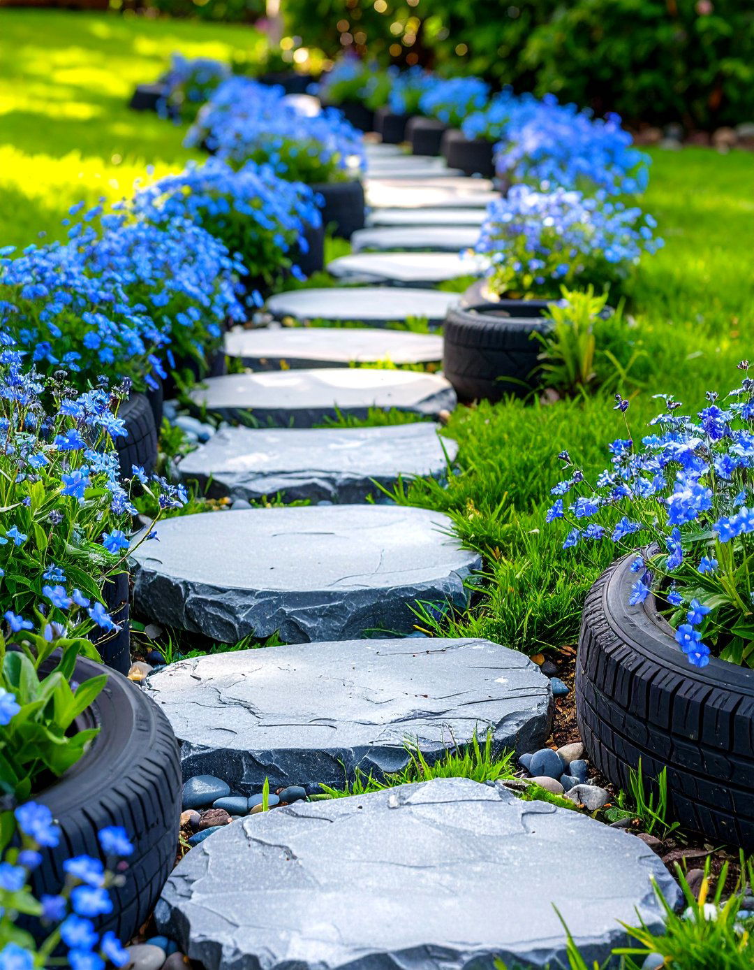 A Stepping Stone Path with Tyre Garden Borders - 30 creative landscape tyre garden designs